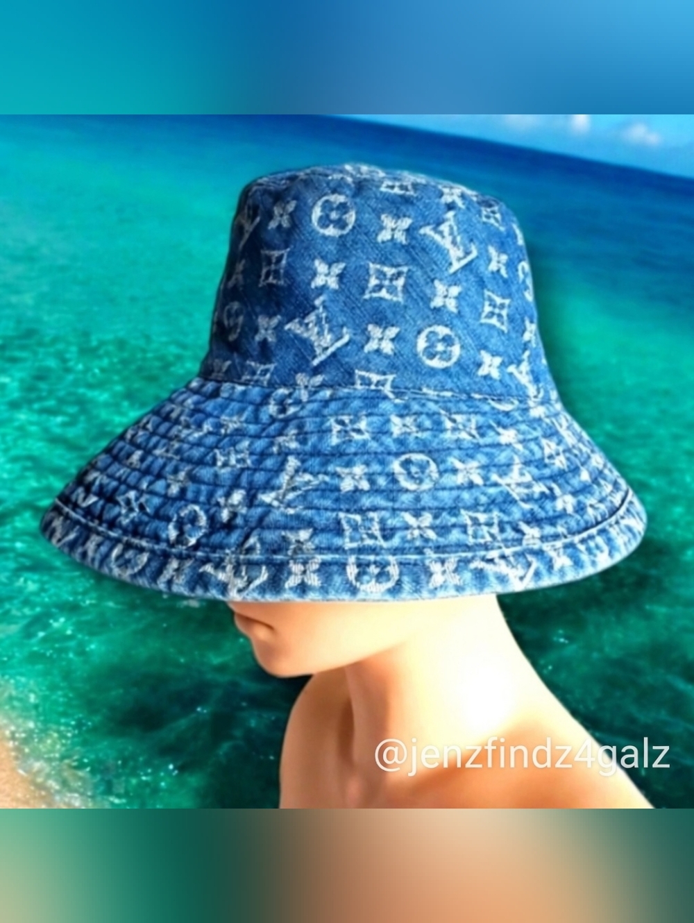 Authentic Vintage Louis Vuitton Blue Denim Monogram Wide Brim Hat Bucket Small